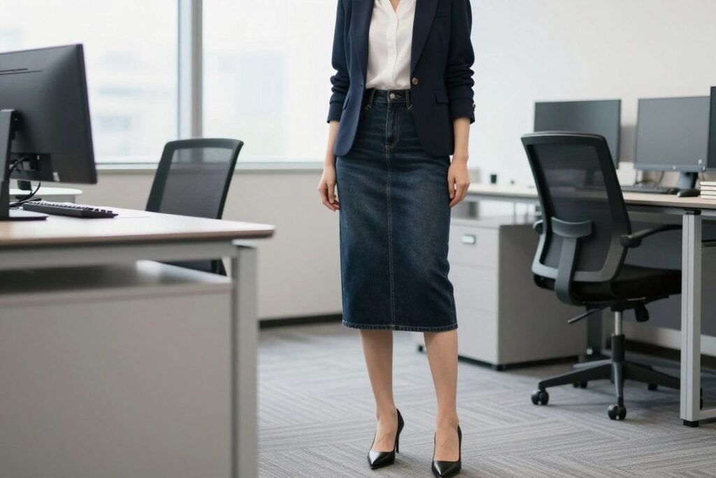 Office outfit with dark wash midi jean skirt, blazer and blouse