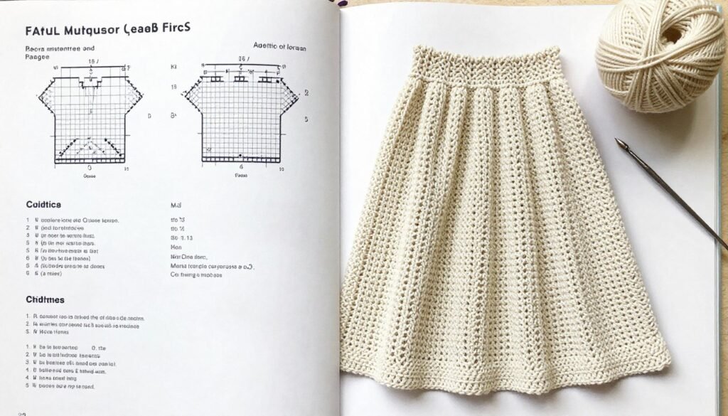 Open crochet pattern book with yarn and hook showing pattern layout for a skirt