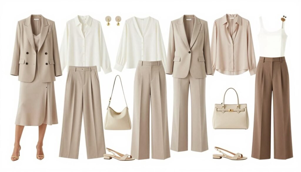 Organized collection of summer business casual pieces forming a capsule wardrobe