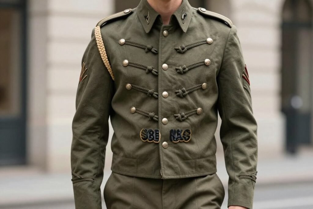 Ornate band jacket styled for spring 2026 fashion trends