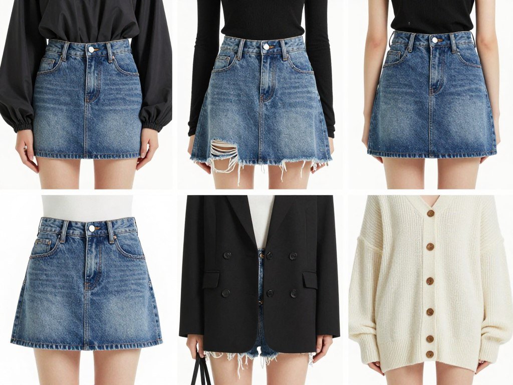 Outfit examples showing balanced proportions with short jean skirts