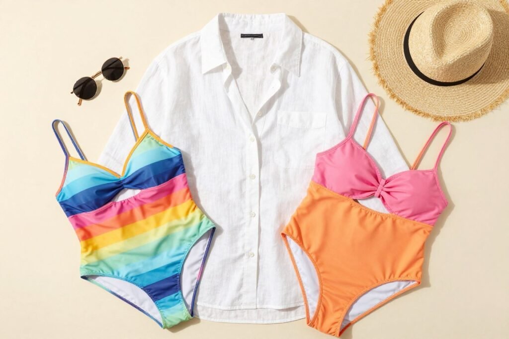 Oversized linen shirt and swimsuit laid flat with sunglasses and hat