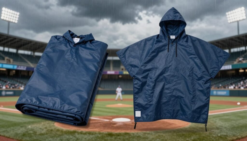 Packable rain poncho in team colors for unexpected baseball game showers