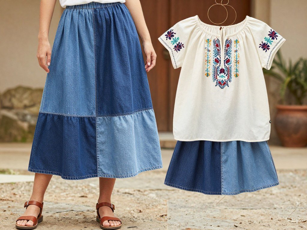 Patchwork denim skirt styled with an off-white embroidered peasant top, leather sandals, and oversized hoop earrings for a textural summer jean skirt outfit