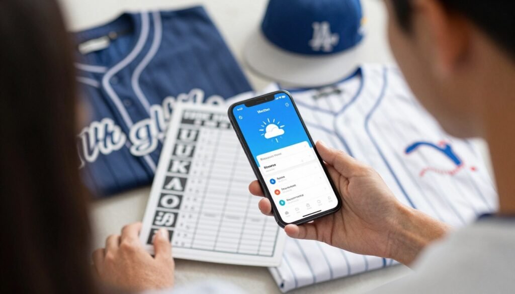 Person checking weather app and stadium seating chart while planning baseball game outfit