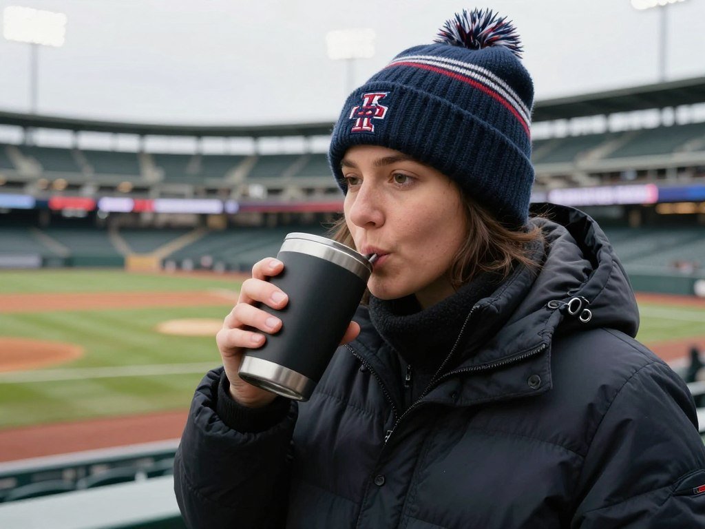 Person enjoying hot drink at cold baseball game