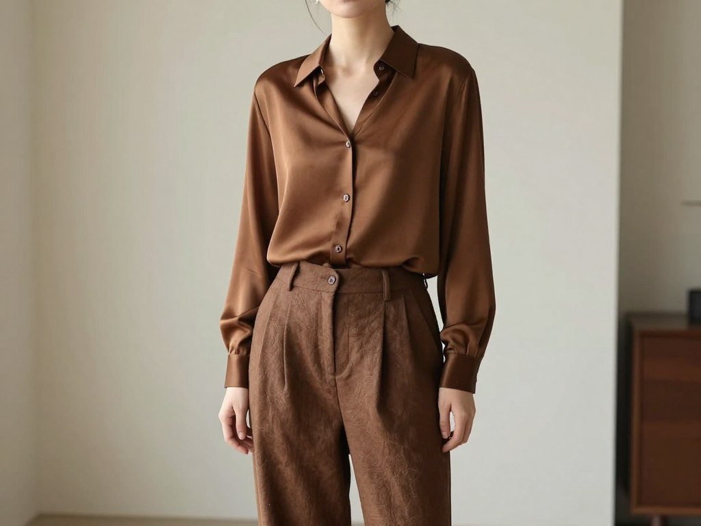 Person in a monochromatic brown outfit with linen pants and matching top