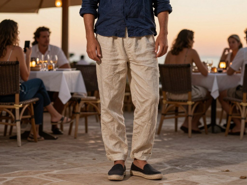 Person in beige linen pants for evening