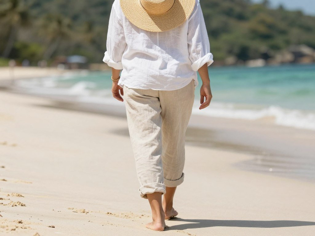 Person in beige linen pants on beach