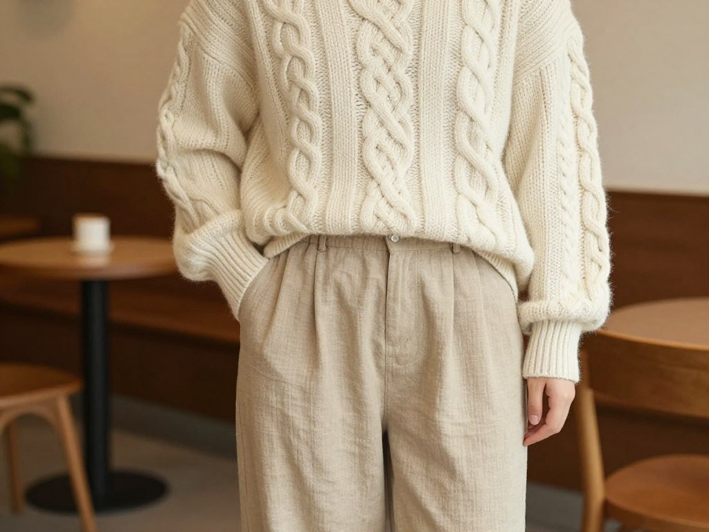 Person in beige linen pants with oversized sweater