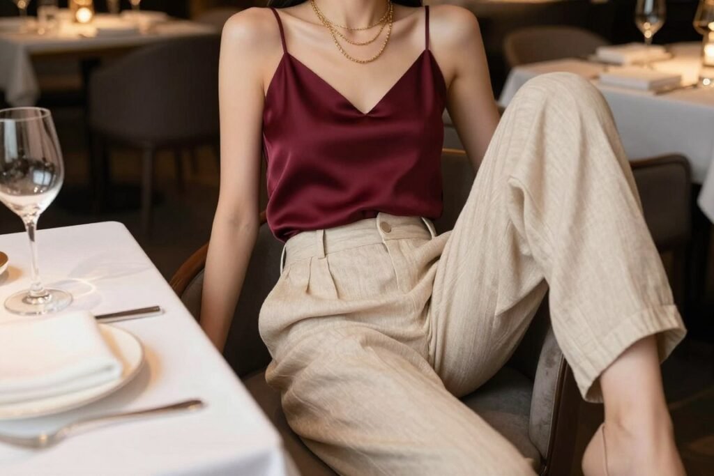 Person in beige linen pants with satin camisole
