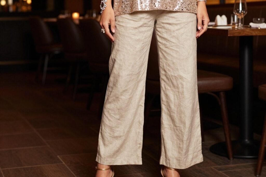 Person in beige linen pants with sequin top