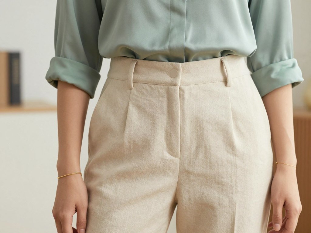 Person in beige linen pants with silk blouse