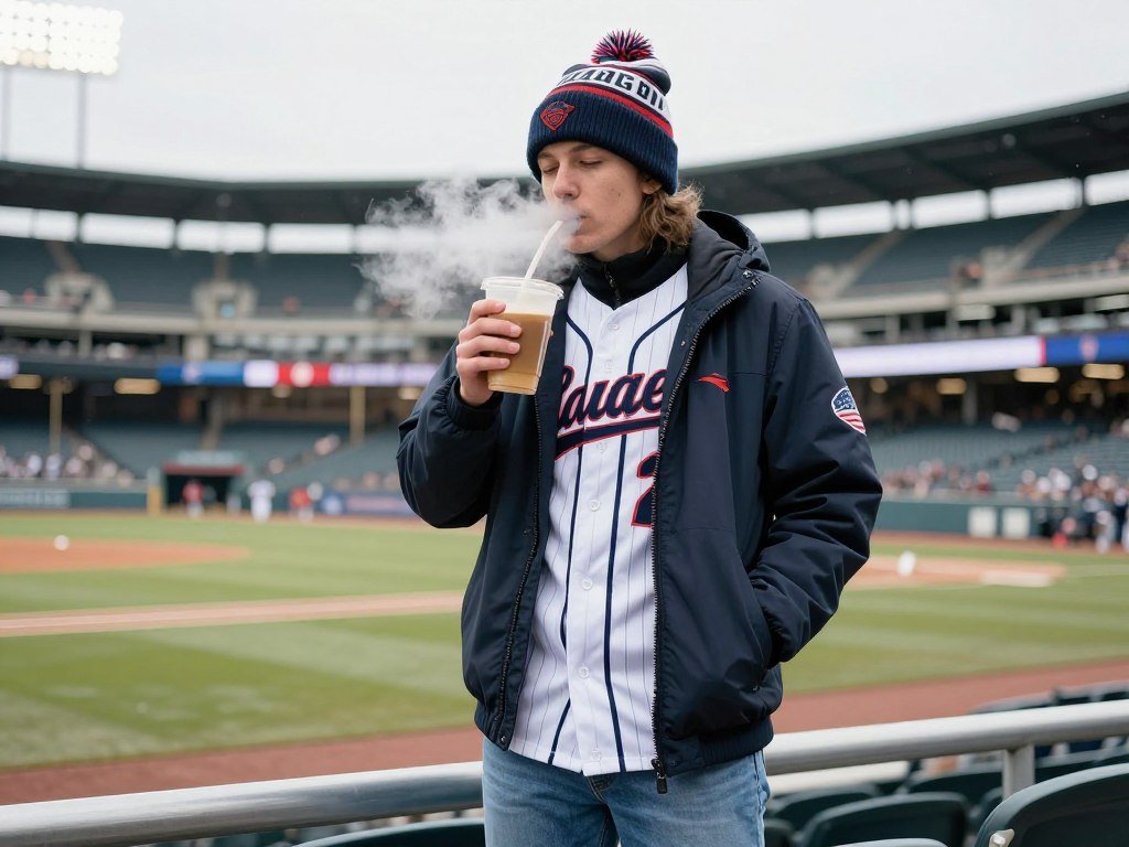 Person in cold weather baseball game outfit with layers and team beanie
