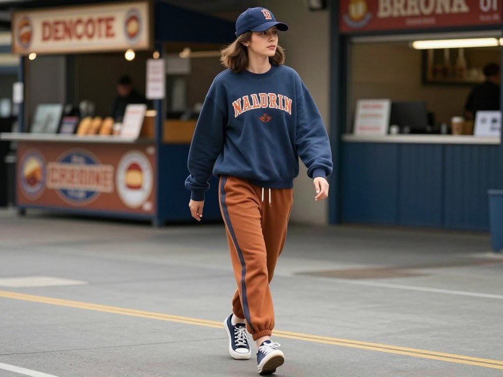 Person in comfortable baseball game outfit with joggers and team sweatshirt
