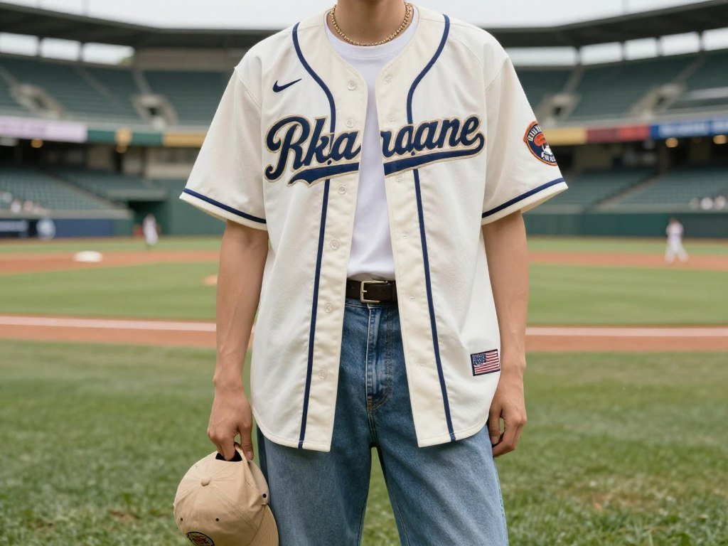 Person in eco-friendly baseball game outfit featuring vintage or upcycled team merchandise