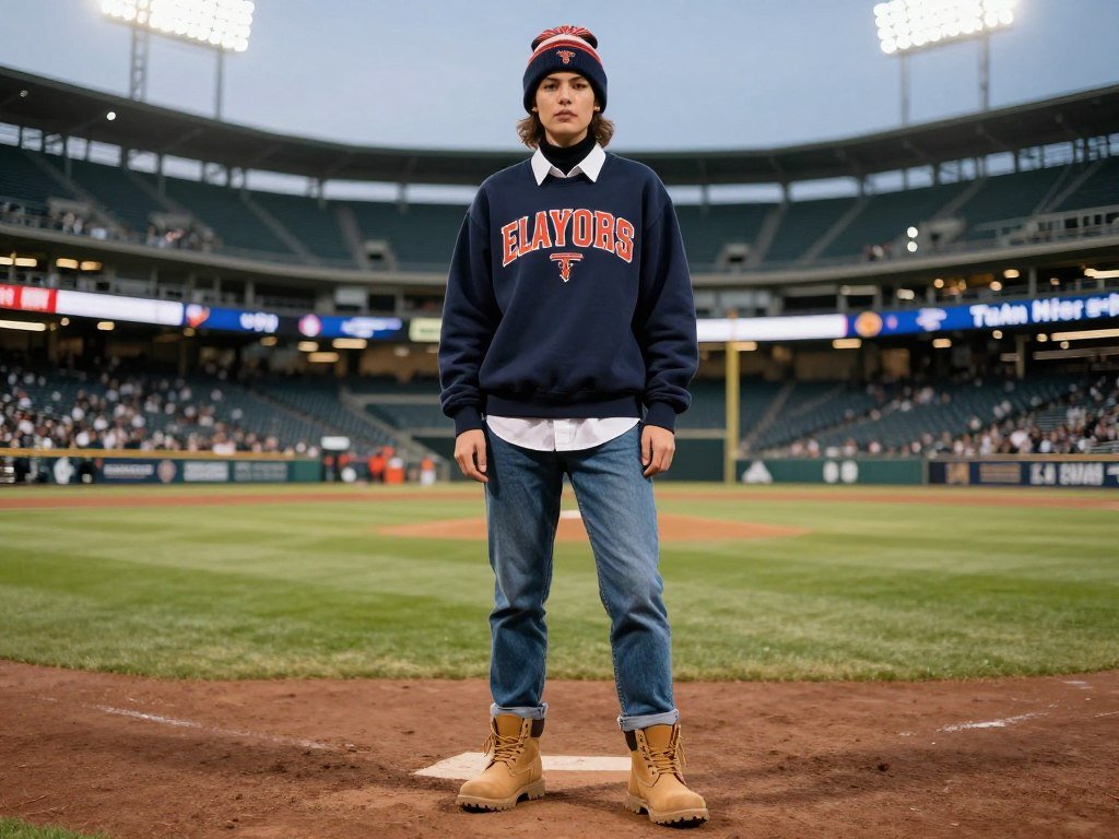 Person in layered outfit with team sweatshirt for an evening baseball game