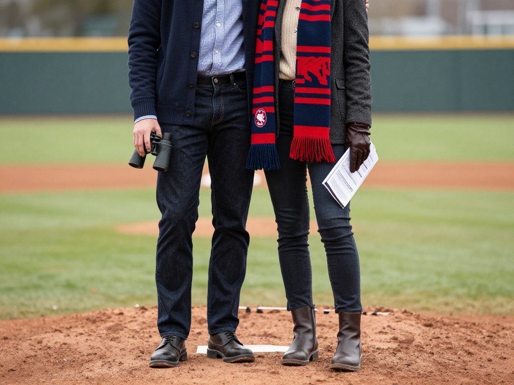 Person in preppy-styled cold baseball game outfit with blazer and team accessories