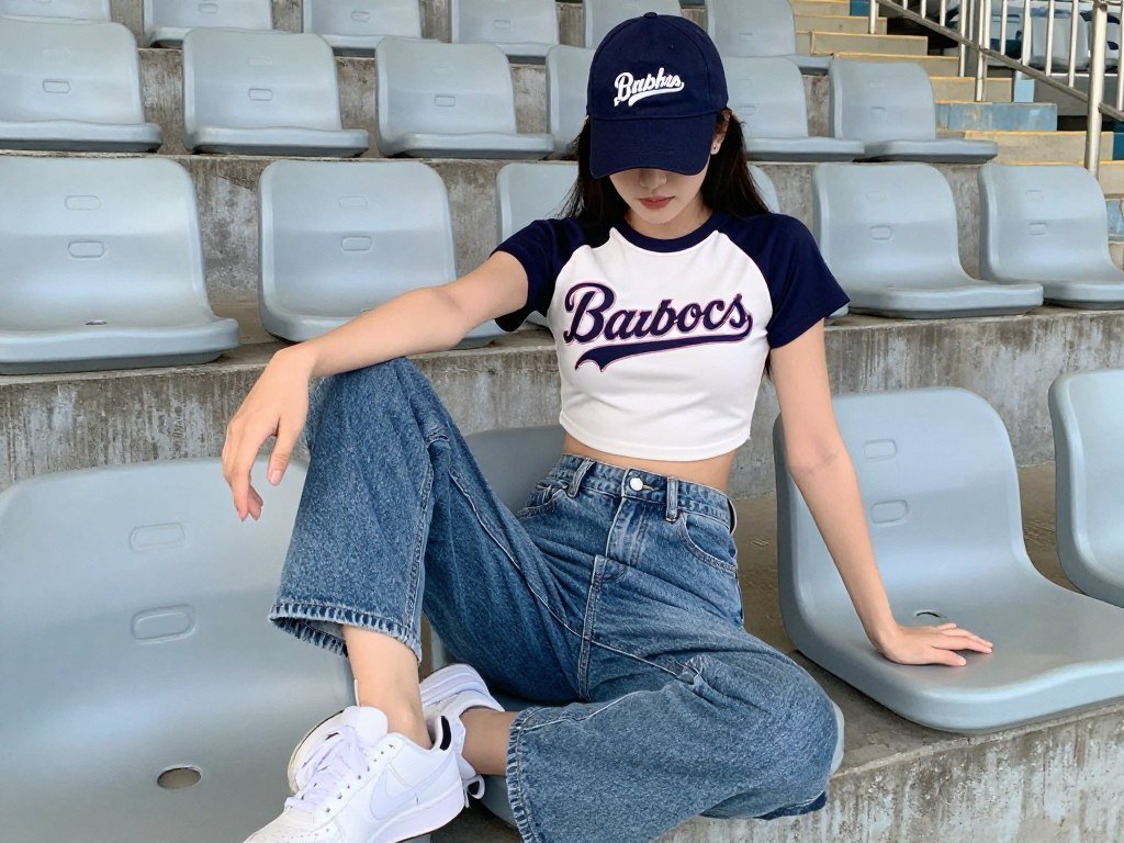 Person wearing a crop top and high-waisted jeans baseball game outfit with team cap