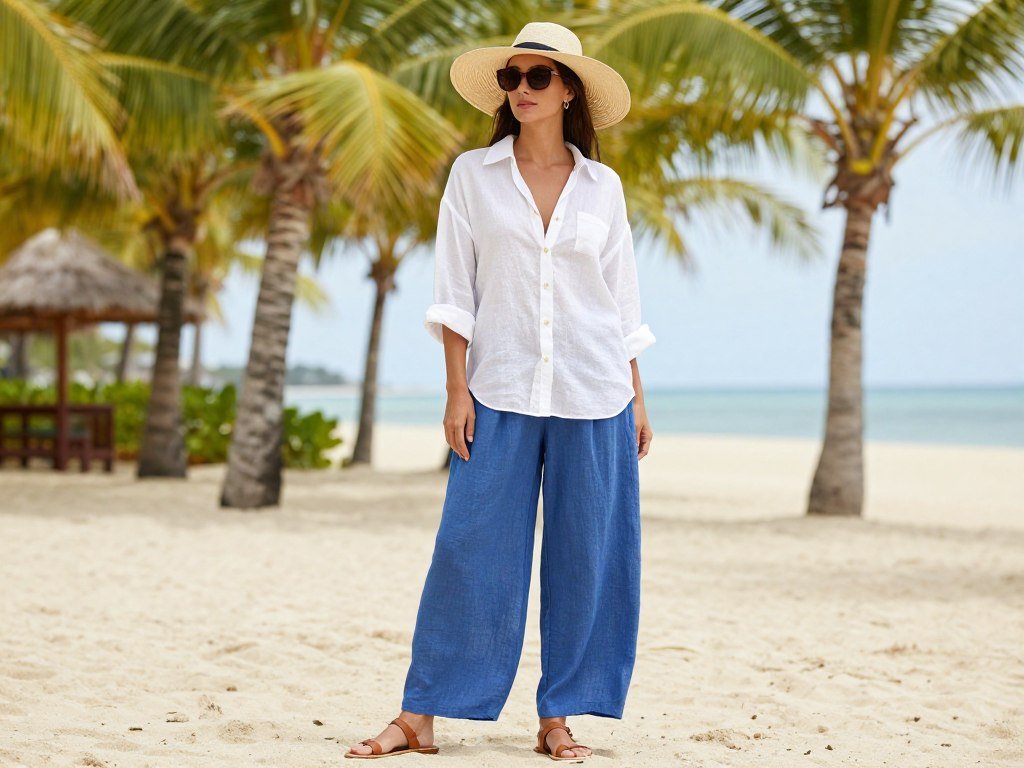 Person wearing blue linen pants with a breezy white linen top and straw accessories at a beach resort