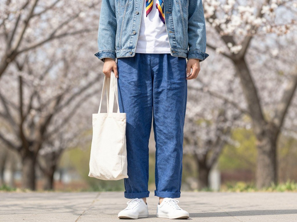 Person wearing blue linen pants with a denim jacket and layered accessories for spring transition