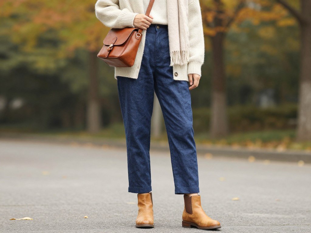 Person wearing blue linen pants with a lightweight sweater and ankle boots for fall transition