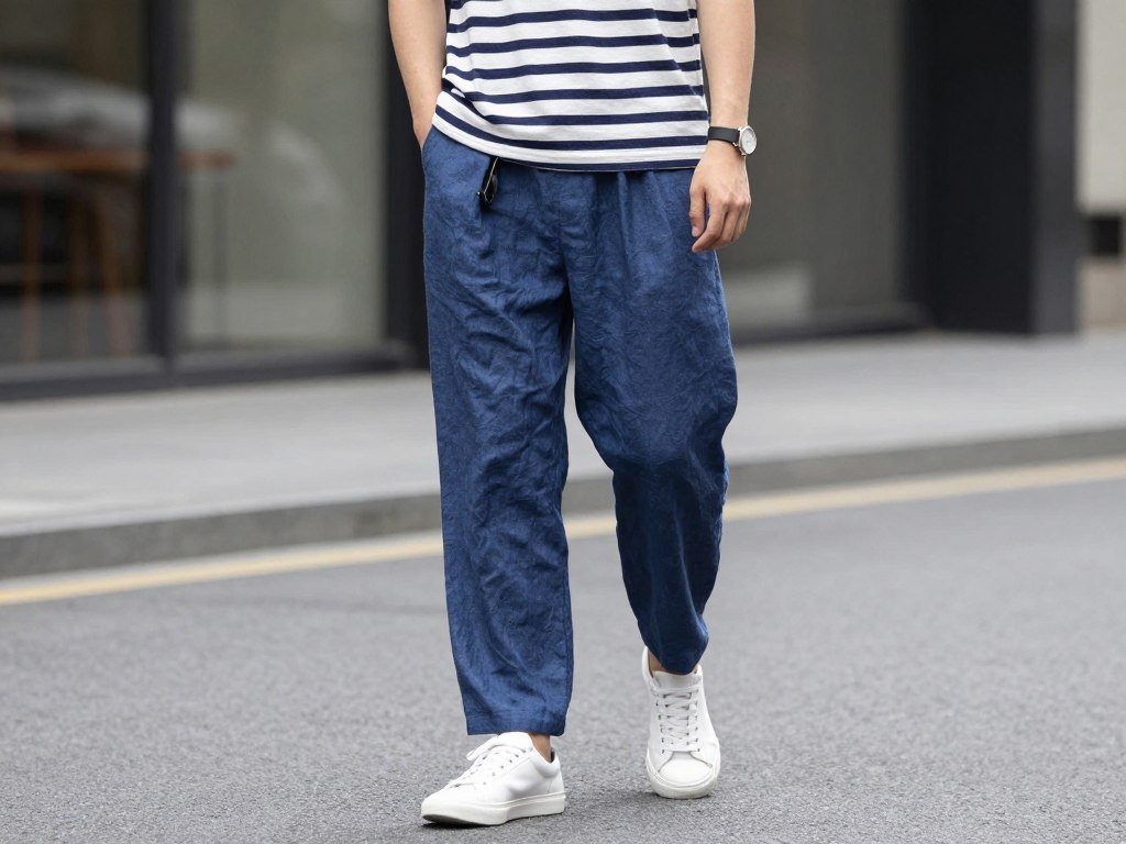 Person wearing blue linen pants with a striped boatneck tee and white sneakers for a casual weekend outfit