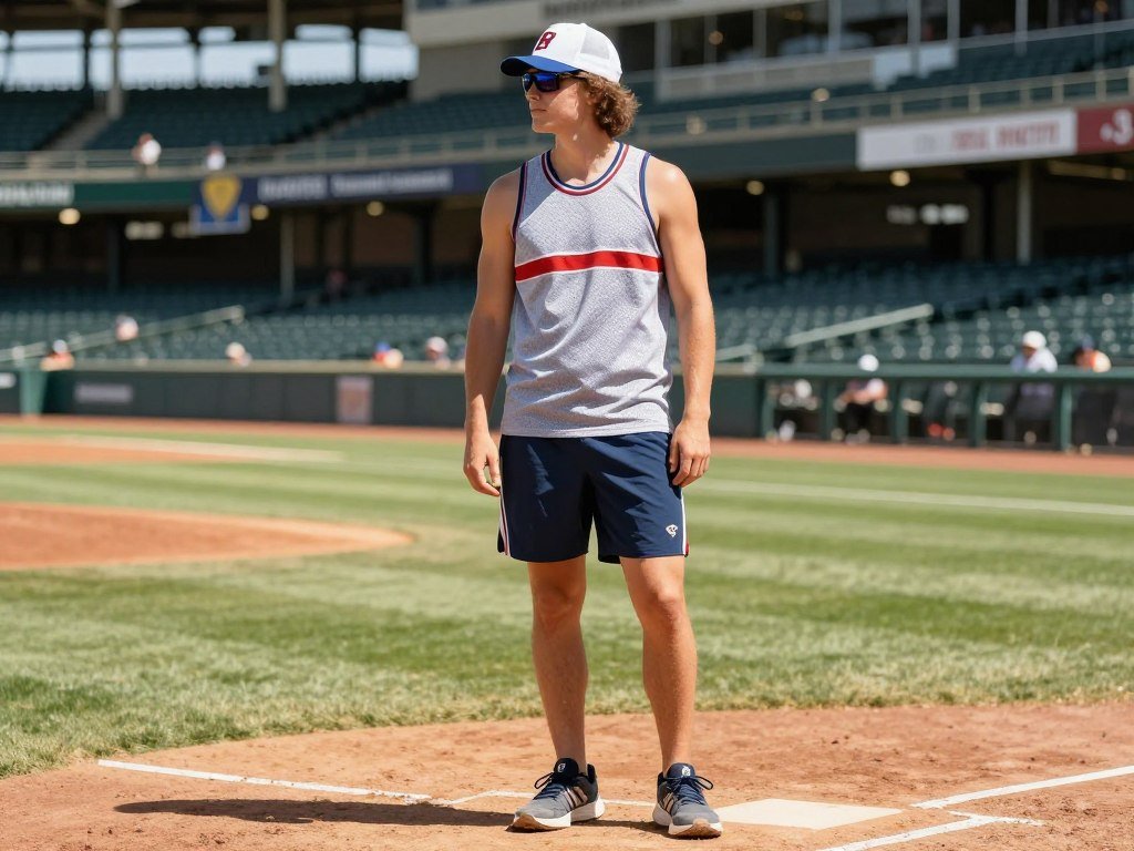 Person wearing breathable tank top and athletic shorts for a hot summer baseball game
