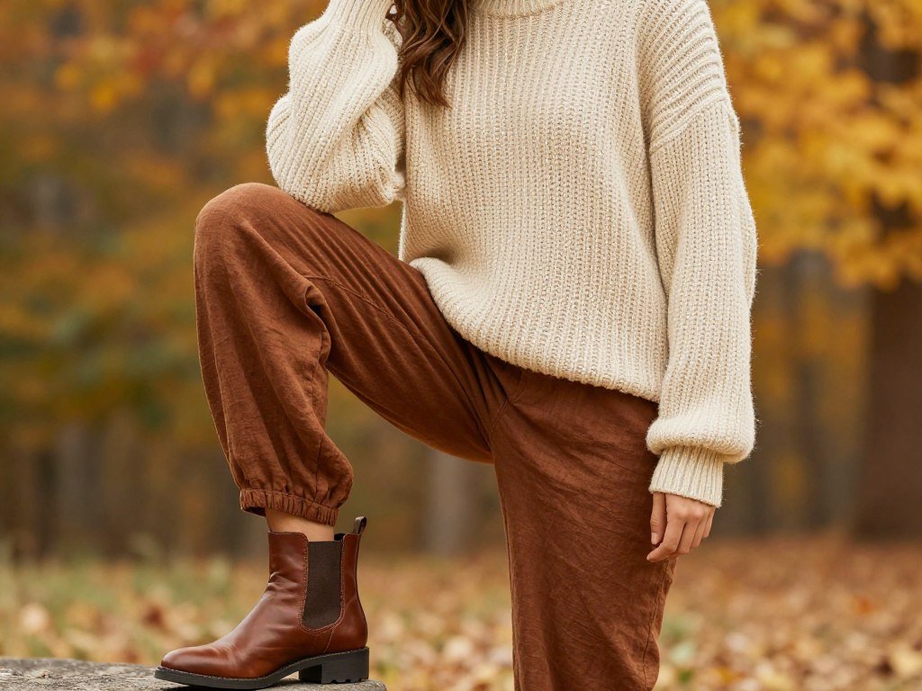 Person wearing brown linen pants with a chunky sweater and ankle boots in fall