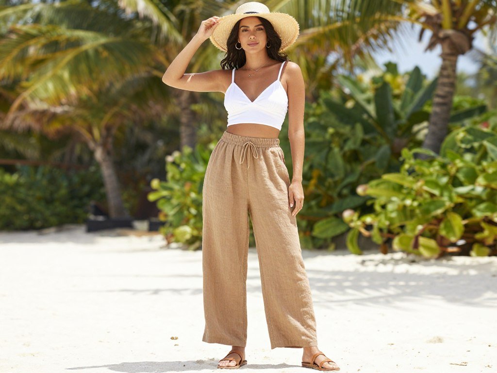 Person wearing brown linen pants with a crop top and sandals in a summer setting