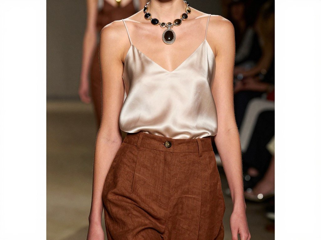 Person wearing brown linen pants with a silk camisole and statement jewelry