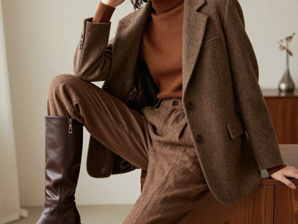 Person wearing brown linen pants with a turtleneck, blazer and boots in winter