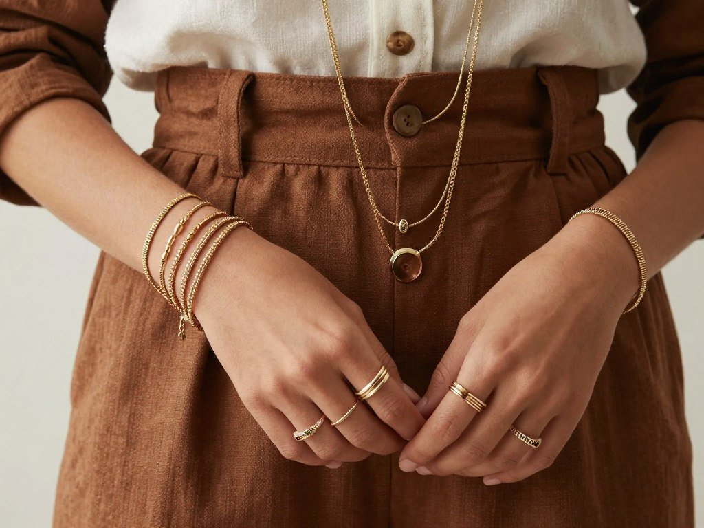 Person wearing brown linen pants with carefully selected jewelry accessories