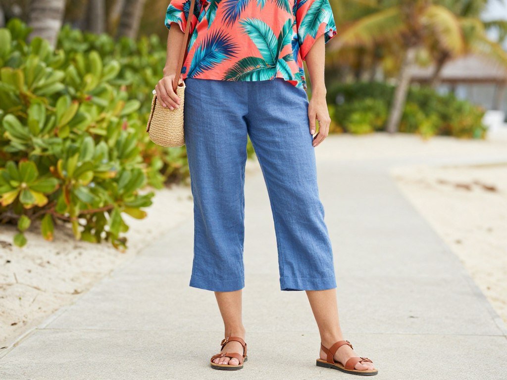 Person wearing cropped blue linen pants with a tropical print top and sandals for a beach vacation look