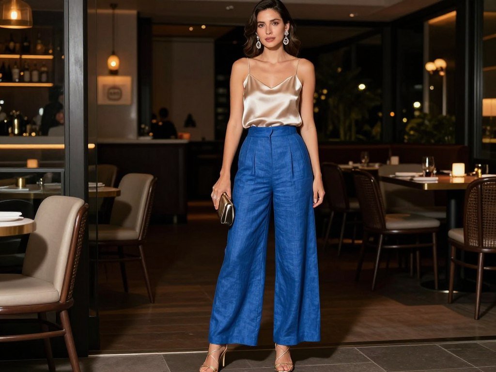 Person wearing elegant blue linen pants with a silk camisole and heeled sandals for evening wear