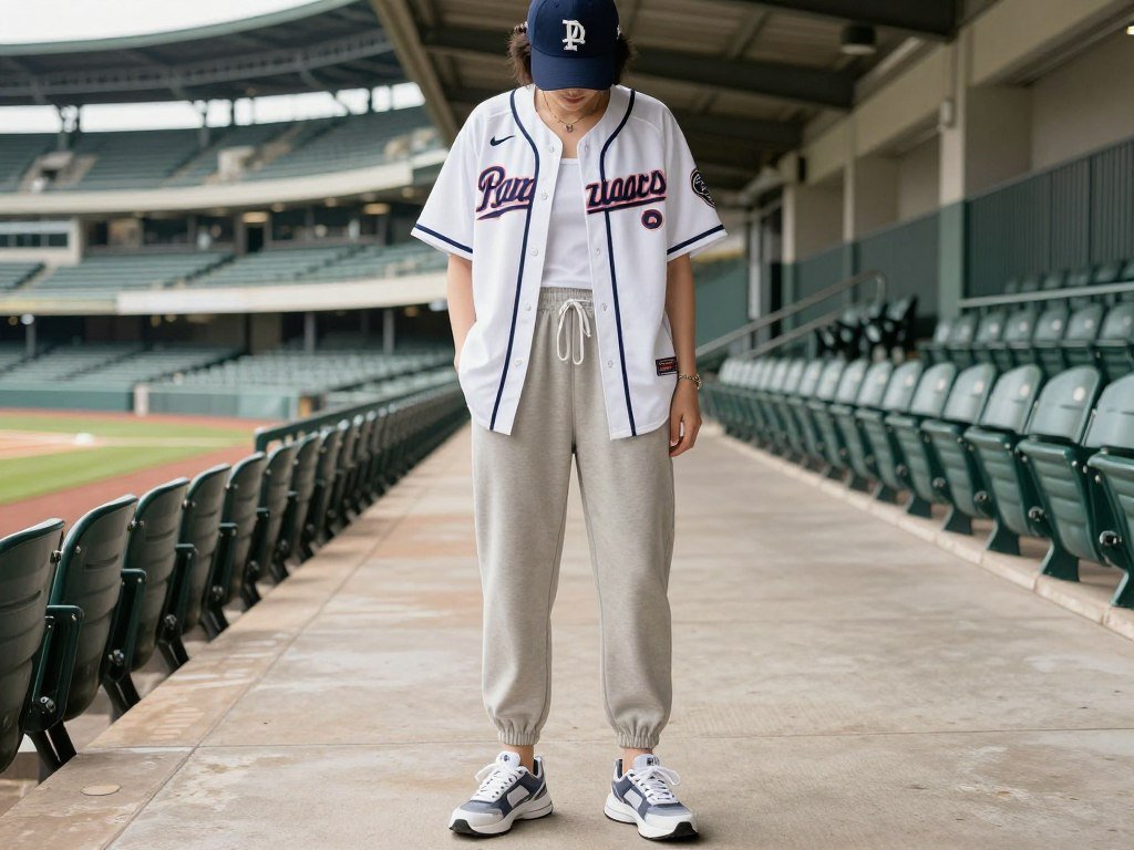 Person wearing open baseball jersey over tank top with joggers for a casual game day outfit
