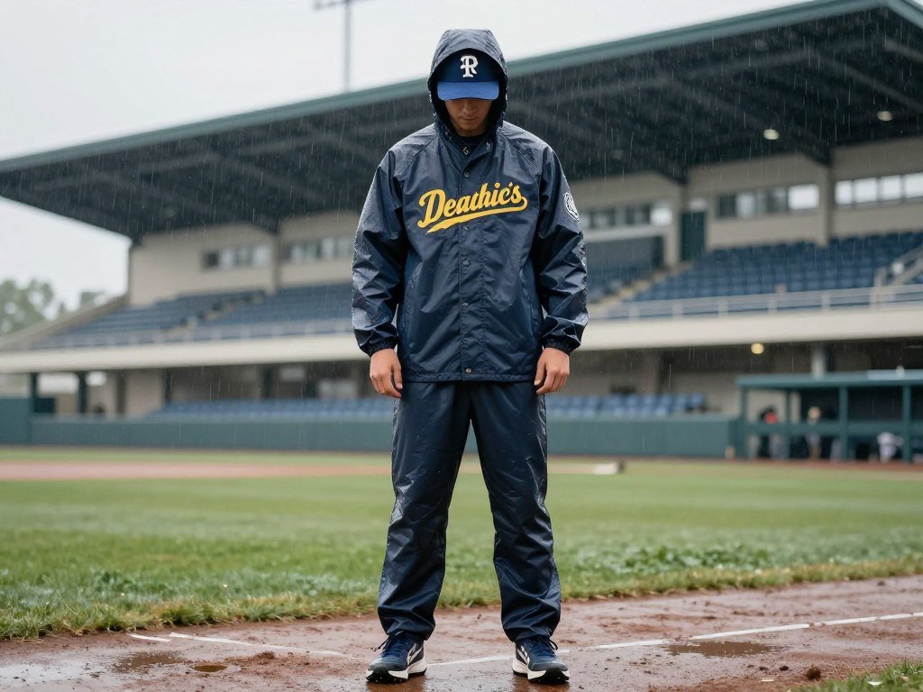 Person wearing rain-ready baseball game outfit with waterproof jacket and cap
