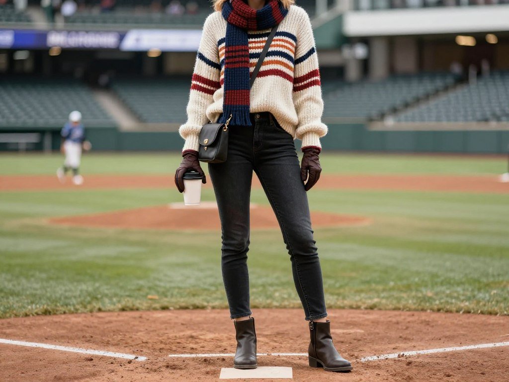 Person wearing stylish knit sweater and scarf at cold baseball game