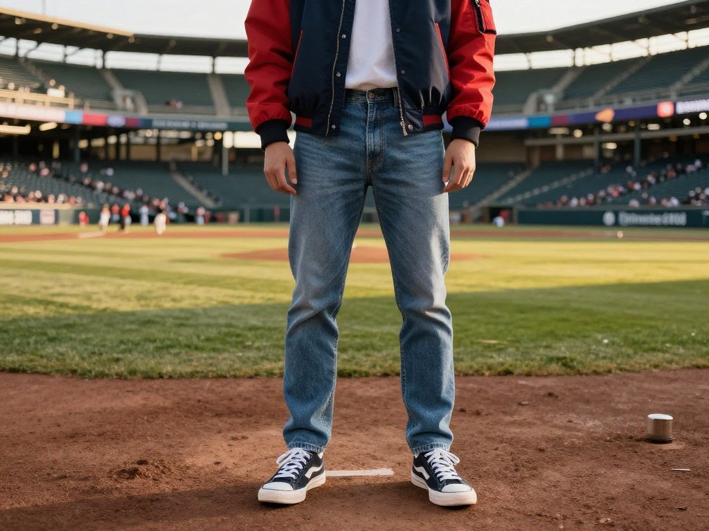 Person wearing team-colored bomber jacket with jeans for a cool weather baseball game