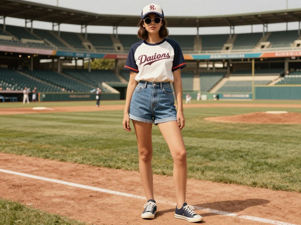 Person wearing vintage-inspired baseball game outfit with retro team merchandise
