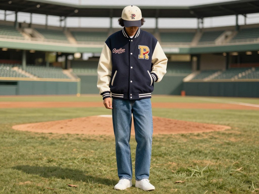 Person wearing vintage-inspired varsity jacket with jeans for a retro baseball game outfit