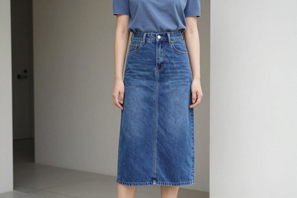 Petite woman wearing high-waisted blue jean skirt with monochromatic top for elongating effect