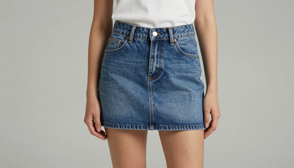 Petite woman wearing mini denim skirt
