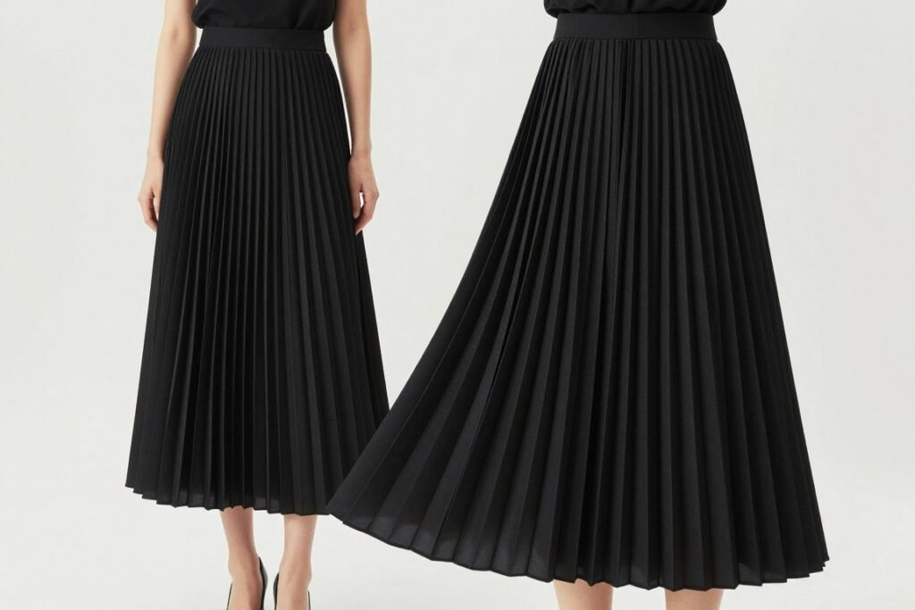 Pleated long black skirt outfit with movement and texture