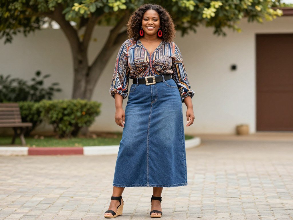 Plus-size Black woman styling a denim maxi skirt with confidence