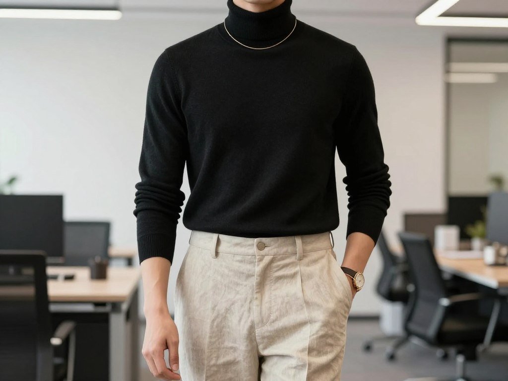 Professional in beige linen pants with turtleneck