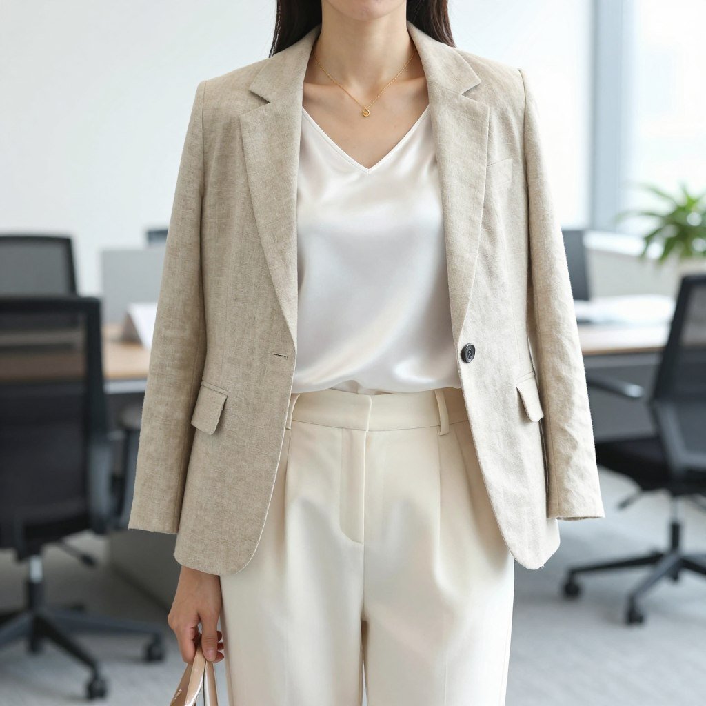 Professional summer work outfit with linen blazer, silk shell, and wide-leg trousers
