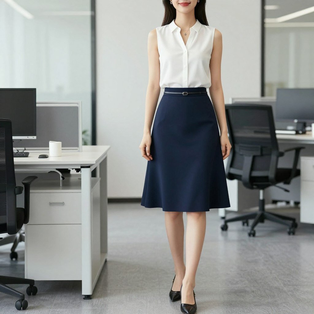 Professional summer work outfit with sleeveless blouse and A-line midi skirt