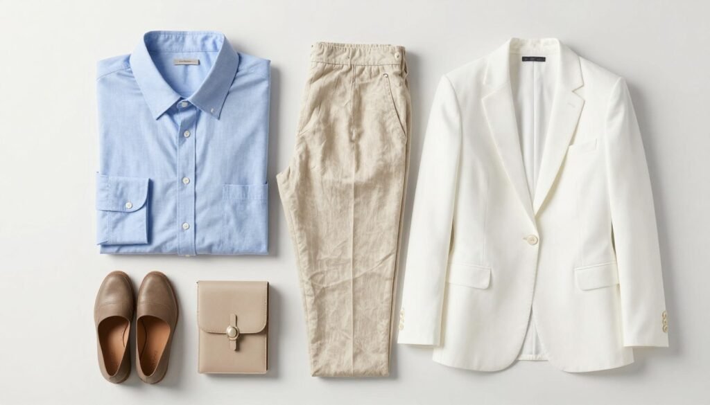 Professional summer work outfits in a neutral color palette of white, beige, and light blue