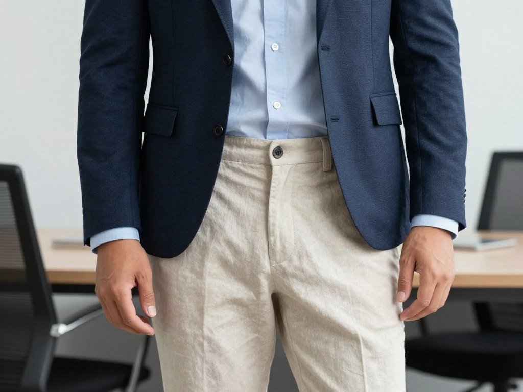 Professional wearing beige linen pants with blazer
